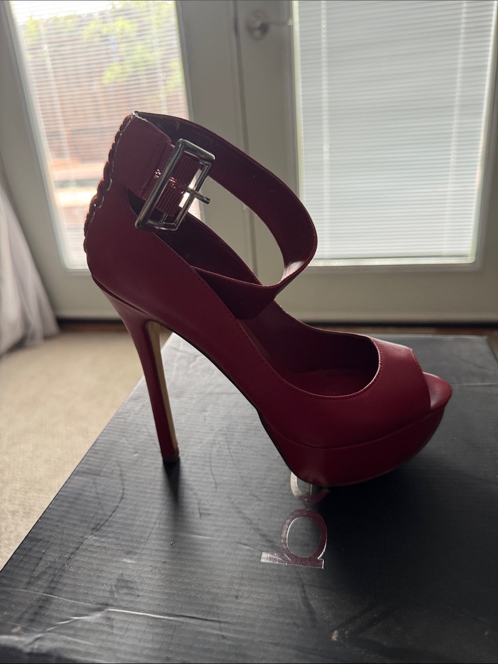 bebe Red Peep-Toe Platform Stiletto with Ankle Strap
